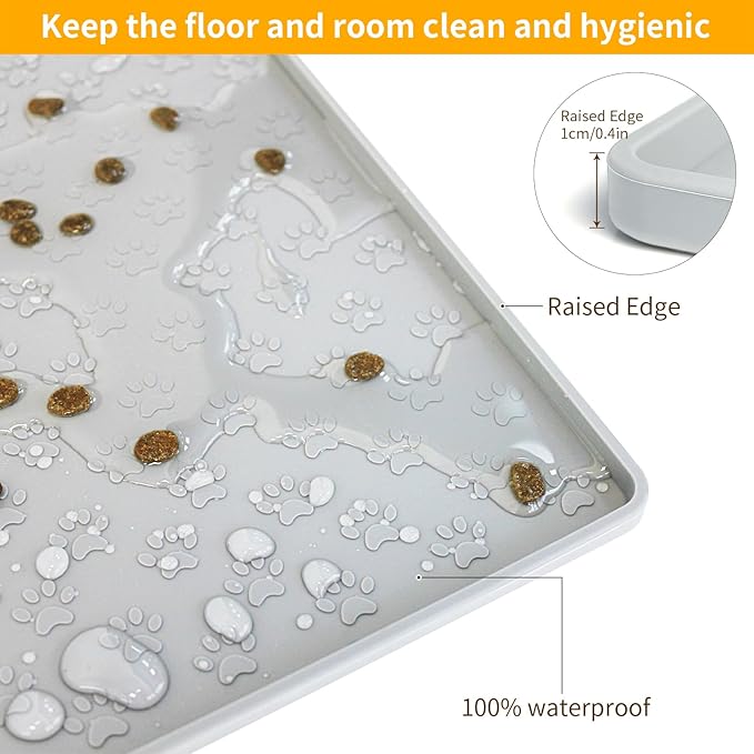 Ptlom Dog Food Mat Anti-Slip Pet Bowl Mats for Food and Water, High-Lips Pet Placemat Prevent Messy Spills to Floor, Waterproof Puppy Feeding Tray for Small, Medium Large Dogs Cats, Silicone