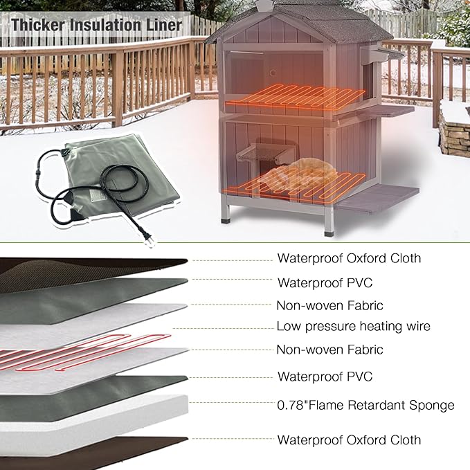 GUTINNEEN Outdoor Heated Cat House, 2-Story Weatherproof Feral Cat Shelter with Escape Doors, Removable Pad & Heating Mat for Winter(AIR94-Heated)
