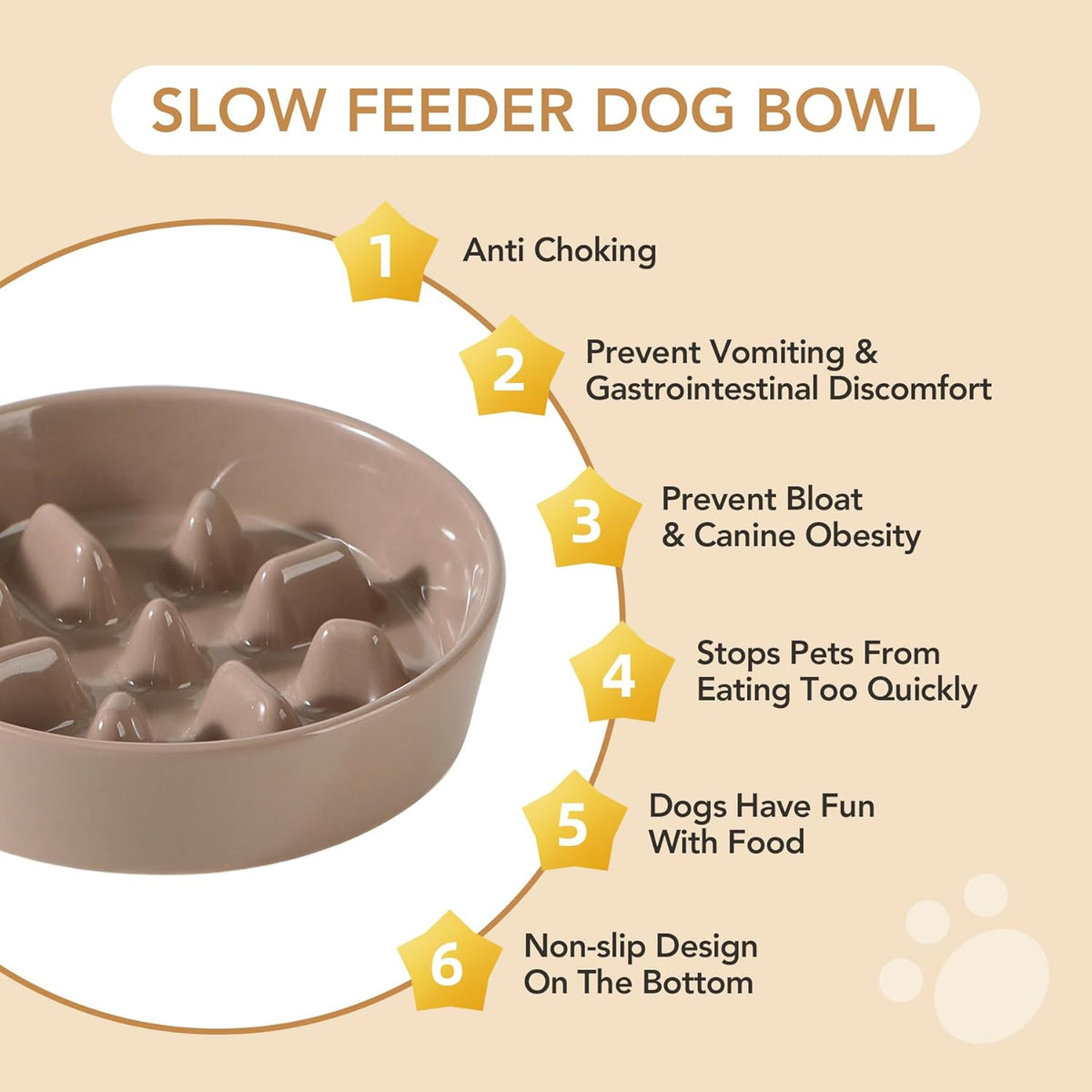 Ceramic 6.1inch Dog Bowl Slow Feeder, Slow Pet Food Dish for Small Dog and Cat, Stop Bloat, Preventing Choking(Single Bowl, Brown Coffee)