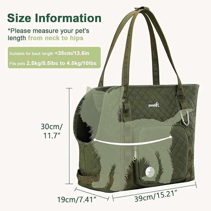 Pecute Dog Purse Carrier, Dog Carrier with Pockets for Small Dogs, Fits Dogs 5.5 lbs to 11 lbs, Cat and Puppies Tote Bag, Outing, Travel, Vet, Green