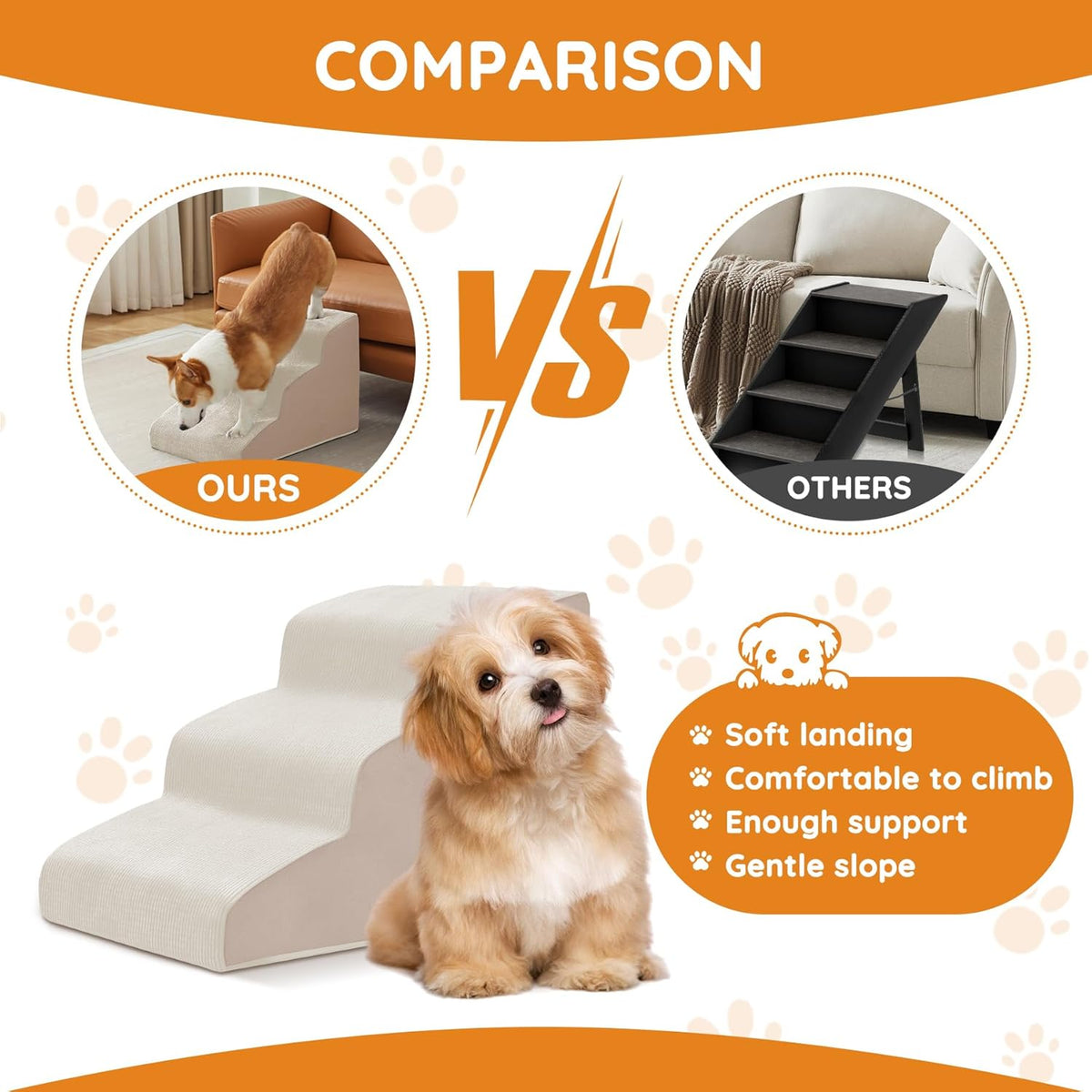 Pet Stairs, Dog Stairs for Small Dogs, Dogs Steps, 5-Step Curved Dog Ramp for Bed, Couch, Sofa, Car and Chairs, Non-Slip Bottom Design, Cat Scratching Board, High Density Foam Portable Pet Step, Beige