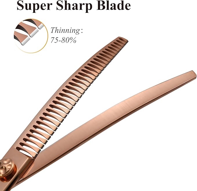 Fenice Peak Professional Dog Grooming Scissors Pet Curved Chunker Shears 7.0'' Extremely Sharp Blades 440C Steel Thinning Scissors Durable Smooth Motion & Fine Cut for Dogs and Cats