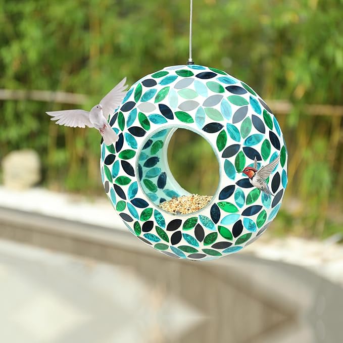 VCUTEKA Bird Feeder Mosaic Fly Through Bird Feeders for Outside Hanging with Round Shape Glass Container to Attract More Wild Birds for Garden, Yard, Backyard, Deck and Porch Decor, Green 10-Inch