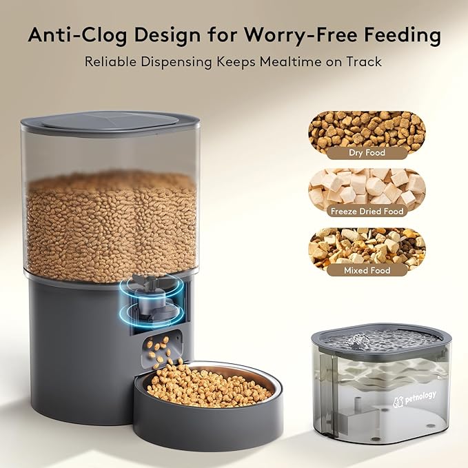 All-in-One Automatic Cat Feeder and Water Fountain, 3L Programmable Timed Dry Food Dispenser with Anti-Clog Design, 2.5L Quiet Cat Fountain for Drinking with Filter, Combo for Small Pets