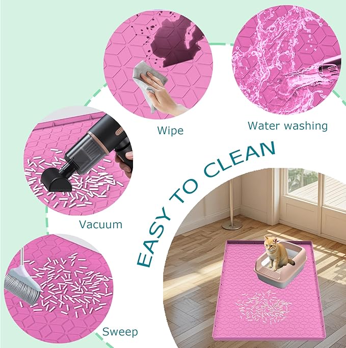 Cat Litter Mat, Silicone Large Cat Mat for Litter Box - 31x22 in, Waterproof & Non-Slip, Durable & Easy Clean, Pink