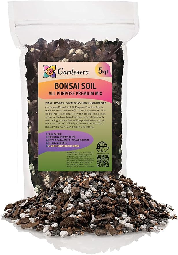 Premium Bonsai Soil All Purpose Fast Draining Mix - Pumice, Lava, Calcined Clay and Pine Bark Potting Pre Mixed Bonsai Plant Soil Mixture by GARDENERA - Made in USA - (5 Quart Bag)