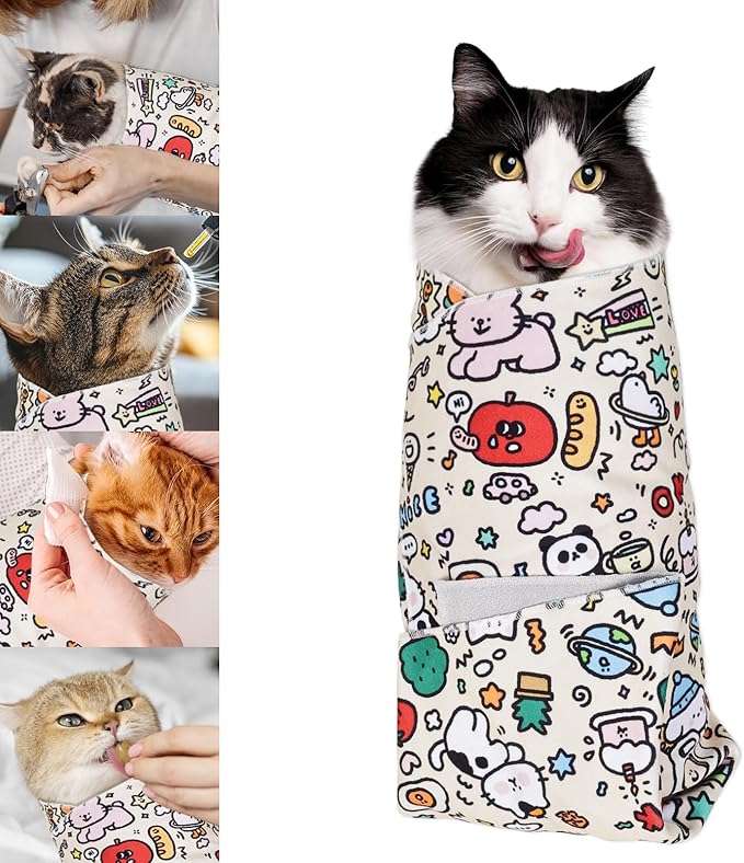 3-in-1 Cat Grooming Restraint Bag for Nail Trimming, Ear Cleaning & Medicine - Escape-Proof Design with Anti-Scratch Lining, Calming Pressure - Fits Cats & Kittens Up to 15lbs