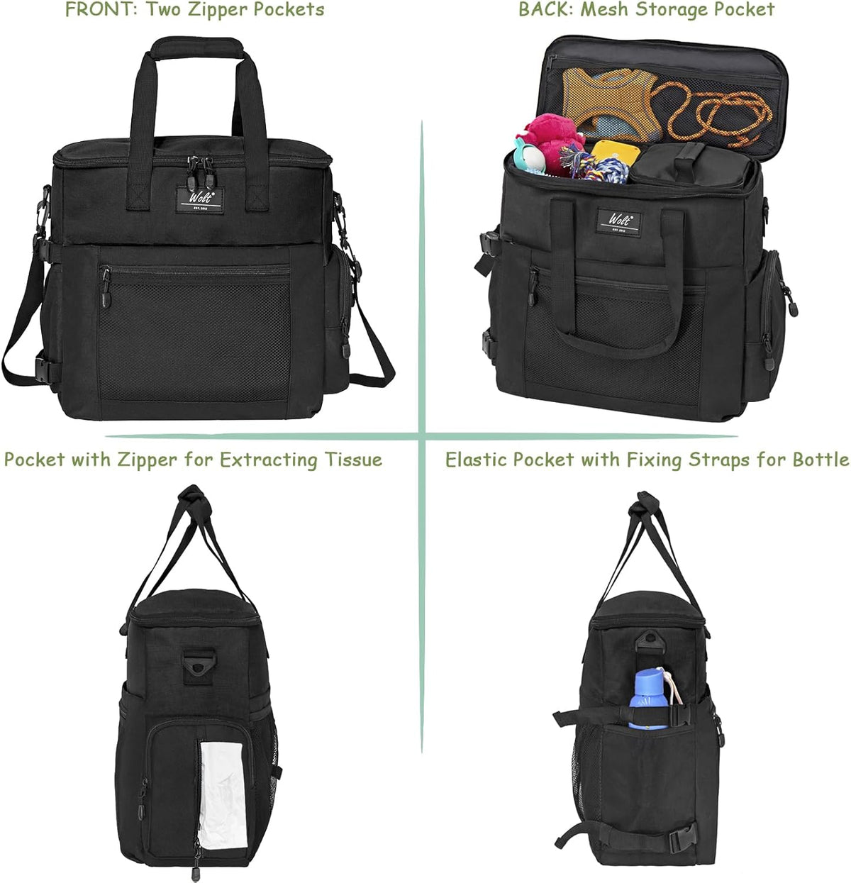 WOLT Dog Travel Bag Dog Bag for Traveling and Supplies with 2 Collapsible Bowls, 2 Food Containers, 1 Place Mat, Black