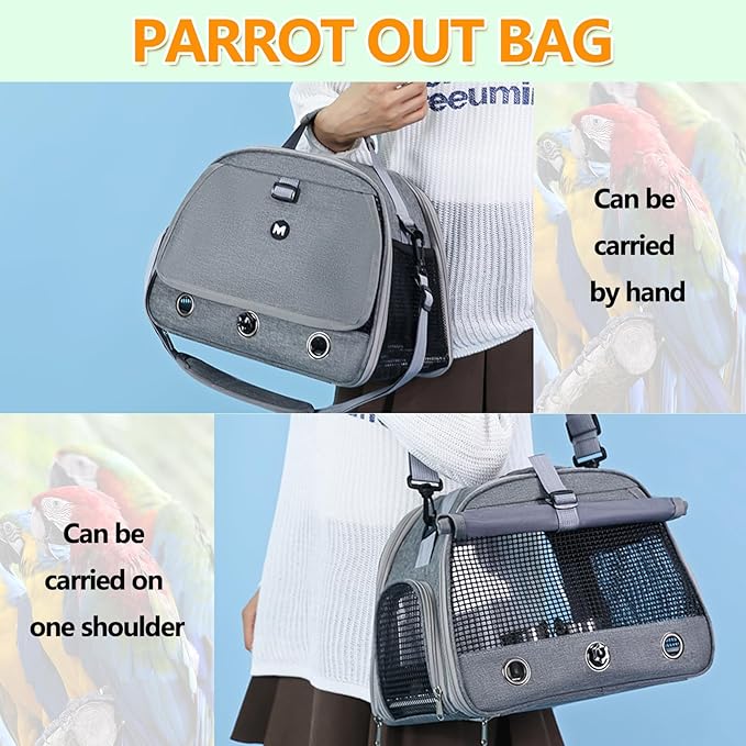 Bird Backpack,with Feeder Cups Tray Perch Portable Breathable Bird Carrier,for Small Birds Parrots Cockatiels (Gray)
