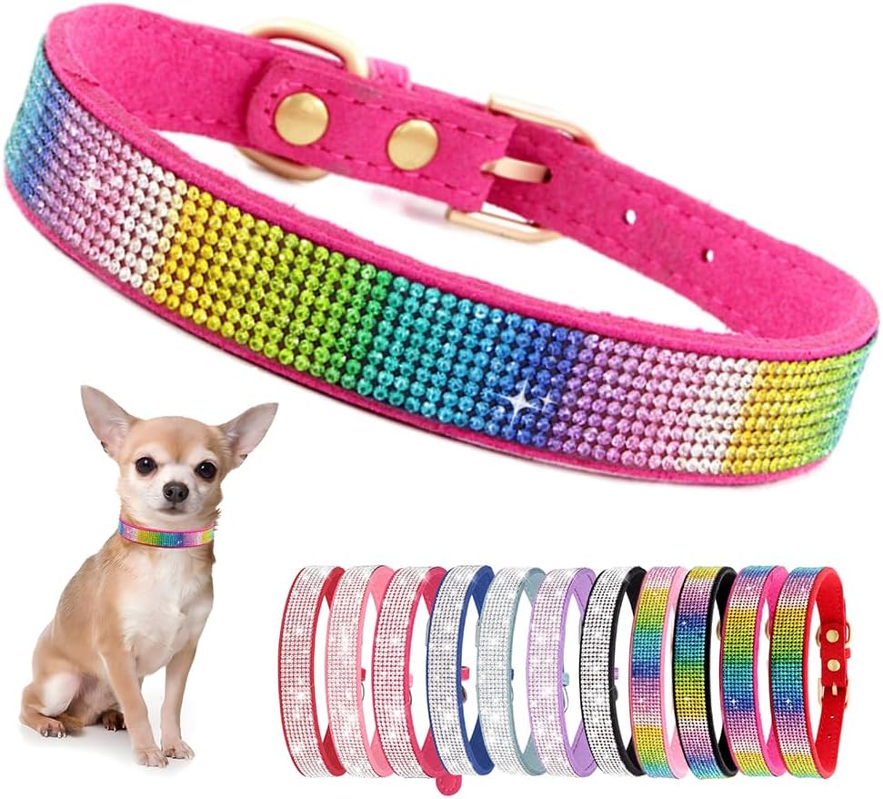 Rhinestone Dog Collar for Small Dogs, Bling Diamond Fancy Crystal Glitter Pretty Jewel Pet Puppy Collars for XXS XS Small Medium Large Breed Girl Dogs Female Cats Kitten, Colorful Hot Pink L