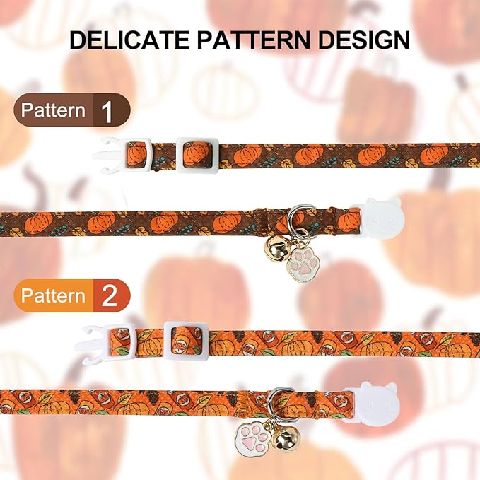 Unique Style Paws Pumpkin Kitten Collar,2 Pack Halloween Cat Collar with Bell & Cute Paw Pendant,Adjustable Orange Pumpkin Kitten Collars,Ideal Gift for Boy Girl Cats