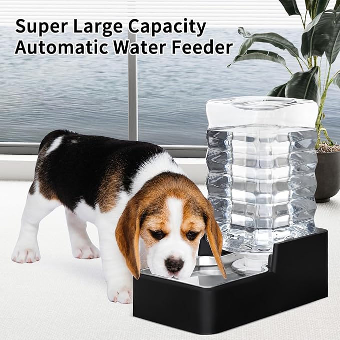 RIZZARI Stainless Steel Pet Water Feeder: 7.5L Black Automatic Leak-Proof Gravity Dispenser for 20-35 LB Dogs with Spinal Problems - with Filter - Ideal for Bedroom Living Room
