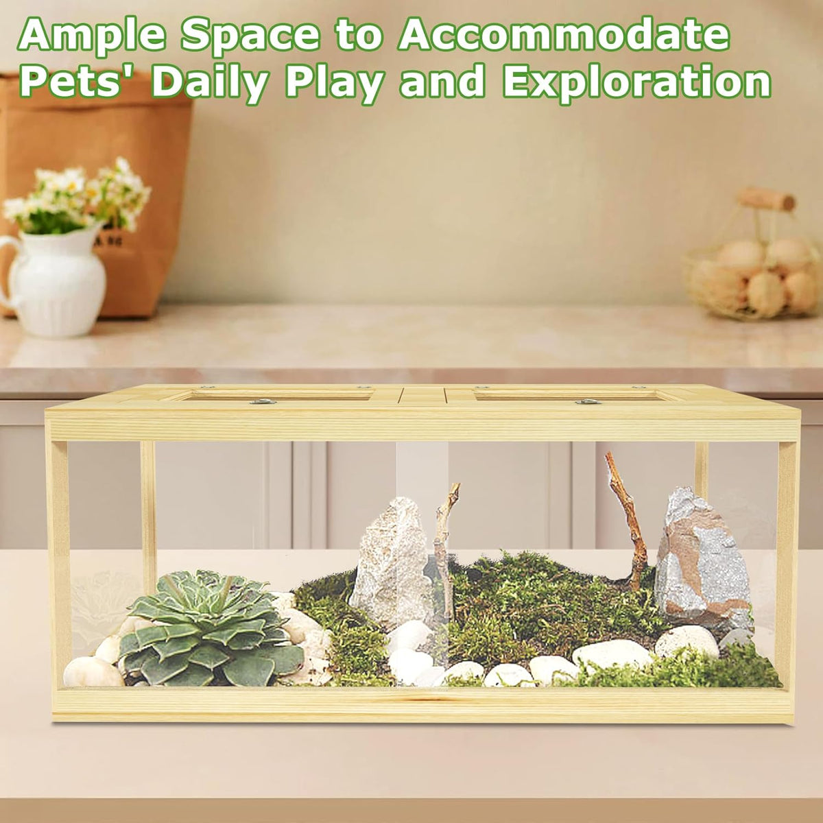 80 Gallon Reptile Tank - 48" Lockable Sliding Door Bearded Dragon & Snake Tank with Metal Mesh Roof, Front Opening Terrarium for Lizards, Leopard Gecko (Wood, 48" x 20" x 20")