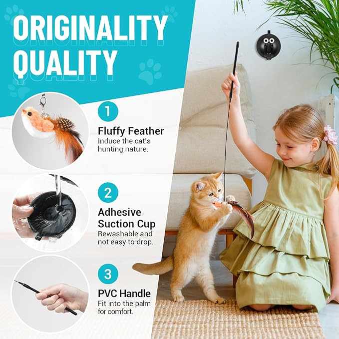 ROSAUI 11-Pack Cat Toy Set with Suction Cup Base and Wire Teasers – Interactive Bird and Feather Attachments with Yarn Balls for Cats and Kittens – Indoor Cat Fun and Exercise