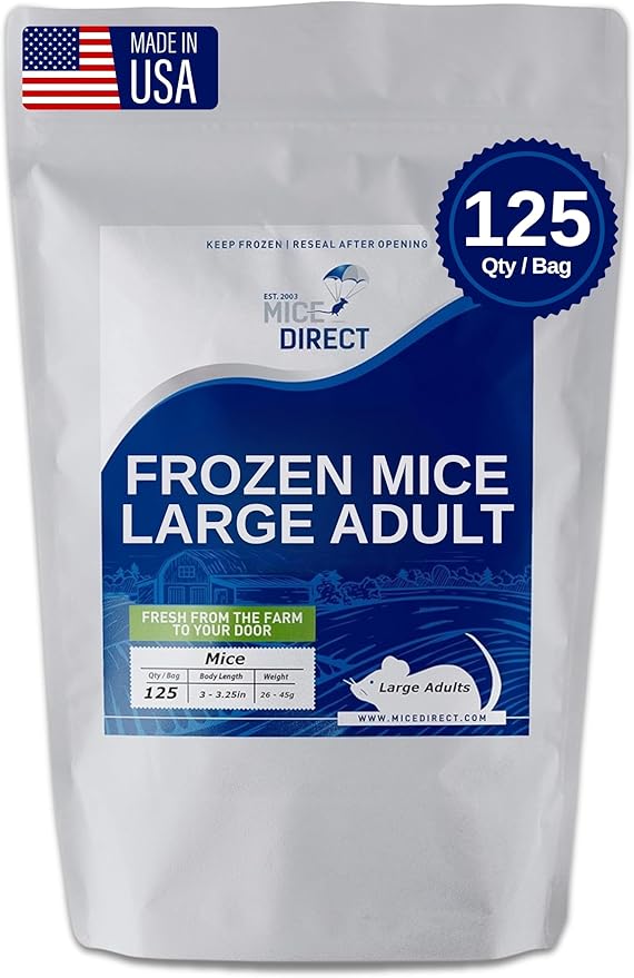 MiceDirect Frozen Large Adult Feeder Mice Food for Adult Ball Pythons Juvenile Red Tale Boa Monitors Lizards, 40 Count (125 Count)