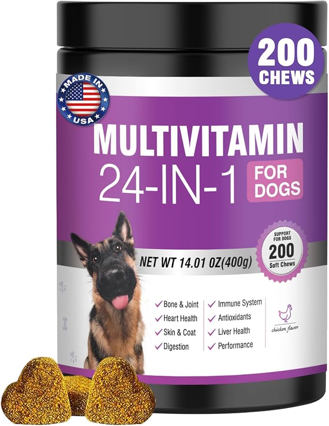 24-in-1 Dog Vitamins and Supplements 200 Ct Dogs Multivitamin Chewable Contain Chondroitin Probiotics Omega-3 Glucosamine for Dogs Skin Coat Heart Joint Gut Liver Brain Eyes Immune Support - Chicken