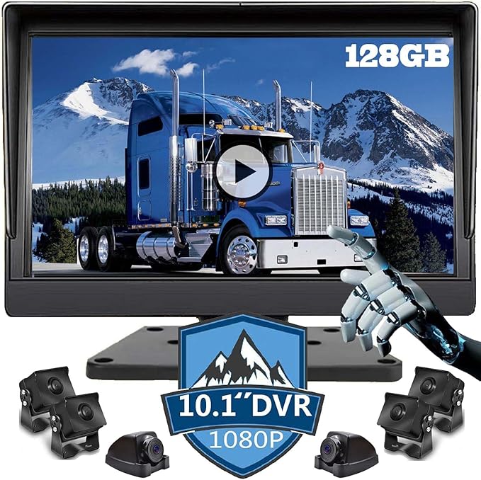 128GB DVR Dash cam Audio 10.1 inch 1080P Backup Camera Monitor & Built-in Recorder for RV Truck Trailer Rear Side Front Reversing View Wired System 4 Split Large Screen Waterproof Avoid Blind Spot