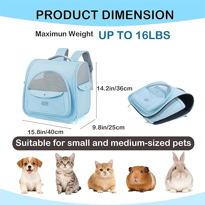 Cat Carrier Backpack,Large Space Animal Carrier Backpacks for Small Dogs Kitten and Medium Cats, Comfort & Safety,Design Reduces Pressure for Travel Outdoor and Vet Visits (Blue)
