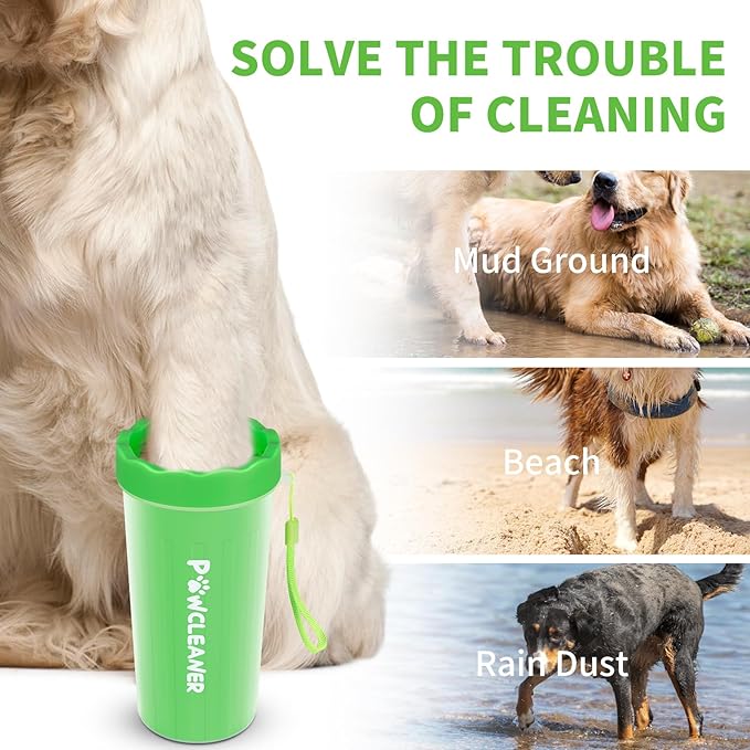Professional 7 in 1 Dog Paw Cleaner for Dogs & Cats - Includes 1 Portable Paw Washer, 1 Bath Brush, 2 Dog Toothbrushes and 3 Absorbent Towels Note: Fits Paws 2.5 to 3.5 Inches Wide (Large, Green)