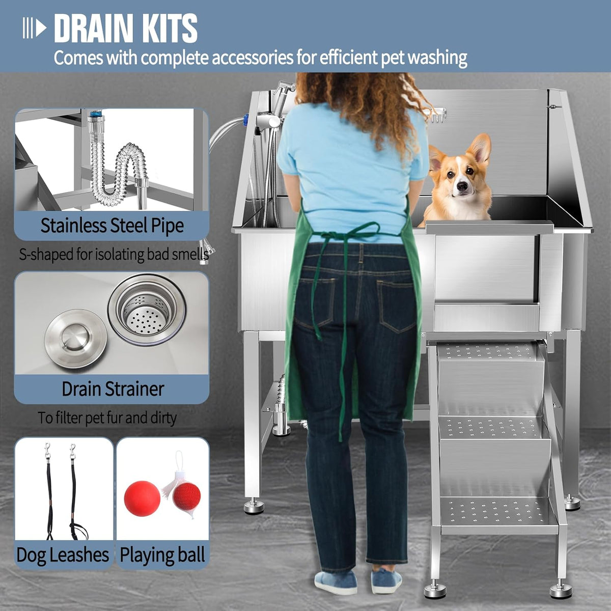 38" Dog Washing Station, Professional Stainless Steel Dog Bathing Station, Equipped with Three Anti-Slip Steps, Removable Door, Upgraded Spray Nozzle&Hose - Ideal for Home, Pet Grooming Salon,R-RAMP