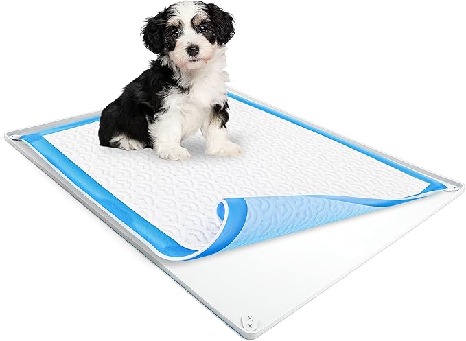TidyFriend Dog Pee Pad Holder Tray Fits for 28” x 34” Pee Pads with Corner Lock Holes, Raised Edges, Non-Spill, Easy to Clean Silicone Dog Potty Tray Holder, For Indoor Floor Protection (White)