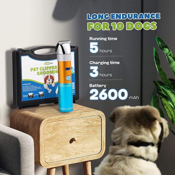 Dog Clippers for Grooming Cordless 400W with Rechargeable 5h-Standby Battery, Low Noise < 50db, Heavy-Duty Pet Hair Shaver Kit, with 2 Sharp & Detachable Blades of 3MM&6MM, Blue