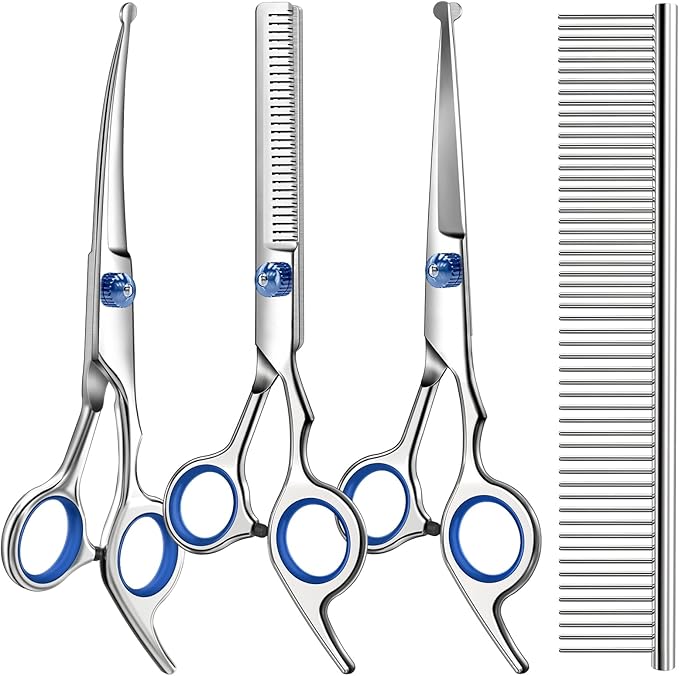 Professional 4 in 1 Dog & Cat Grooming Scissors Kit with Safety Round Tips,Sharp & Durable,Dog Shears for Grooming - Includes Straight, Curved, Thinning Scissors and Comb - Premium Pet Supplies
