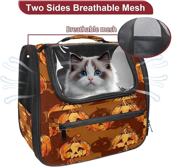 Portable Travel pet Backpack Carrier Hamster Bag Small Dog cat Carrier Breathable Hang Bag, Pumpkin Helloween 144