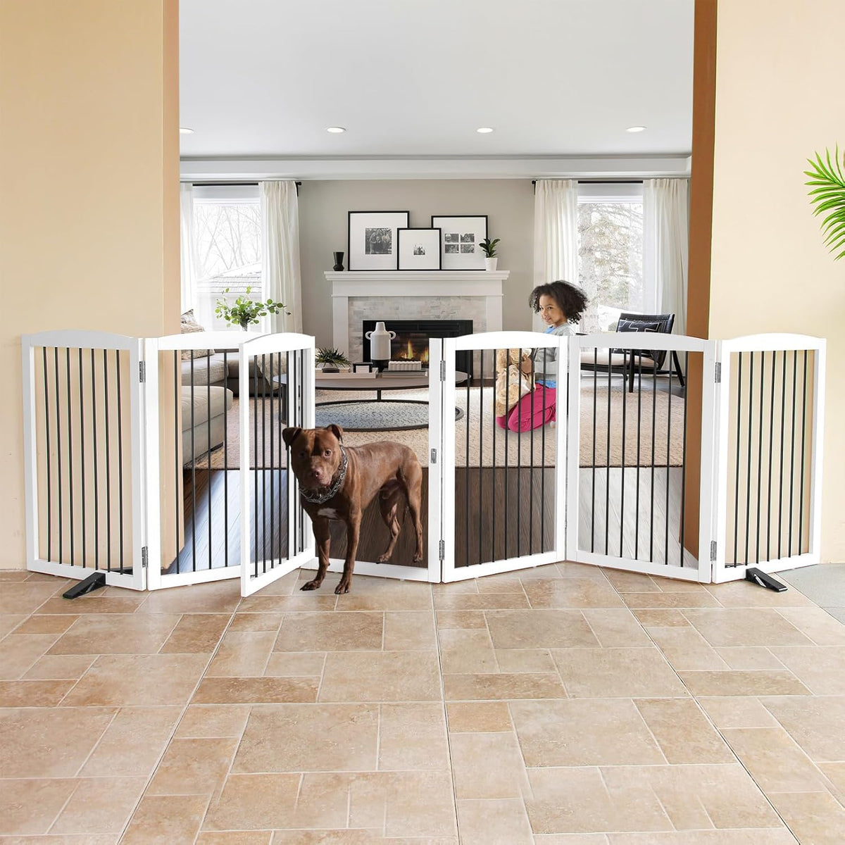 ZJSF Foldable Indoor Dog Door with Walk Through Door, Freestanding Pet Door for The House,Doorways, Stairs, Pet Puppy Safety Fence with Support Feet, White 6 Panels 120" Wide 32''Height