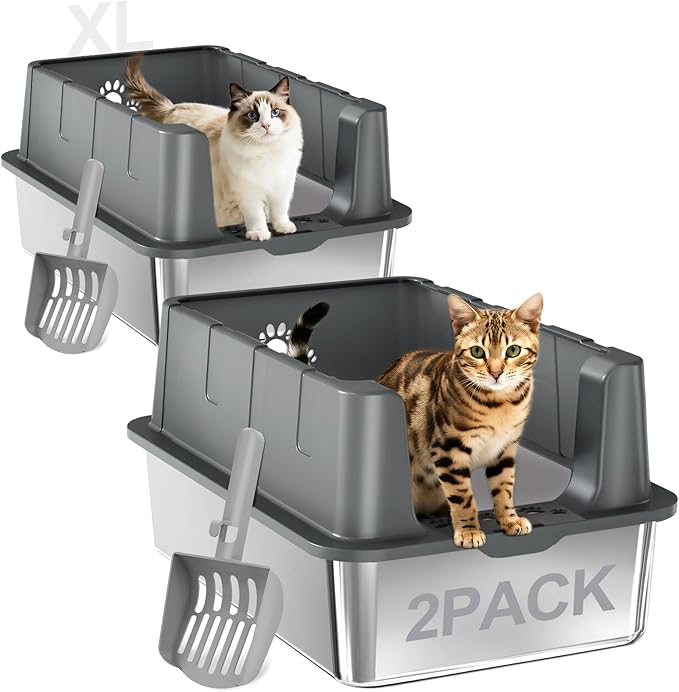 Sousia 2 Packs XL Stainless Steel Cat Litter Box with Lid High Sides, Extra Large Metal Litter Box, Non-Sticky Anti-Leakage Easy Cleaning for Large & Multiple Cats,Scoop Included
