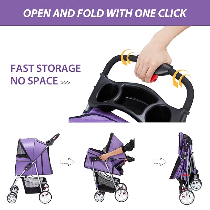 4 Wheels Pet Stroller for Small Medium Dogs Cats 10-33 lbs, Foldable Dog and Cat Stroller with Cup Holder & Storage Basket & Breathable Mesh, Pet Strolling Cart for All-Season, Purple