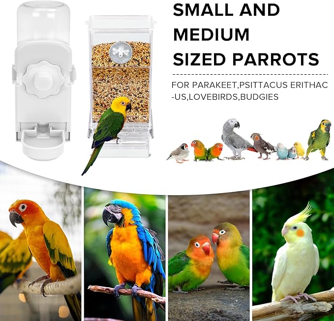No Mess Bird Feeder Water Dispenser Set, Parakeet Cage Accessories, Bird Feeder and Waterers in Cage for Cockatiels, Finches, Lovebirds, Budgies, Canaries