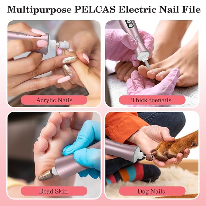 PELCAS Electric Nail File, 10 Speeds Cordless Nail Drill Kit with LED Light, Professional Nail Grinder with LCD Screen Portable e File for Human, Pet, Thick Toenails, Natural & Acrylic Nails Pink