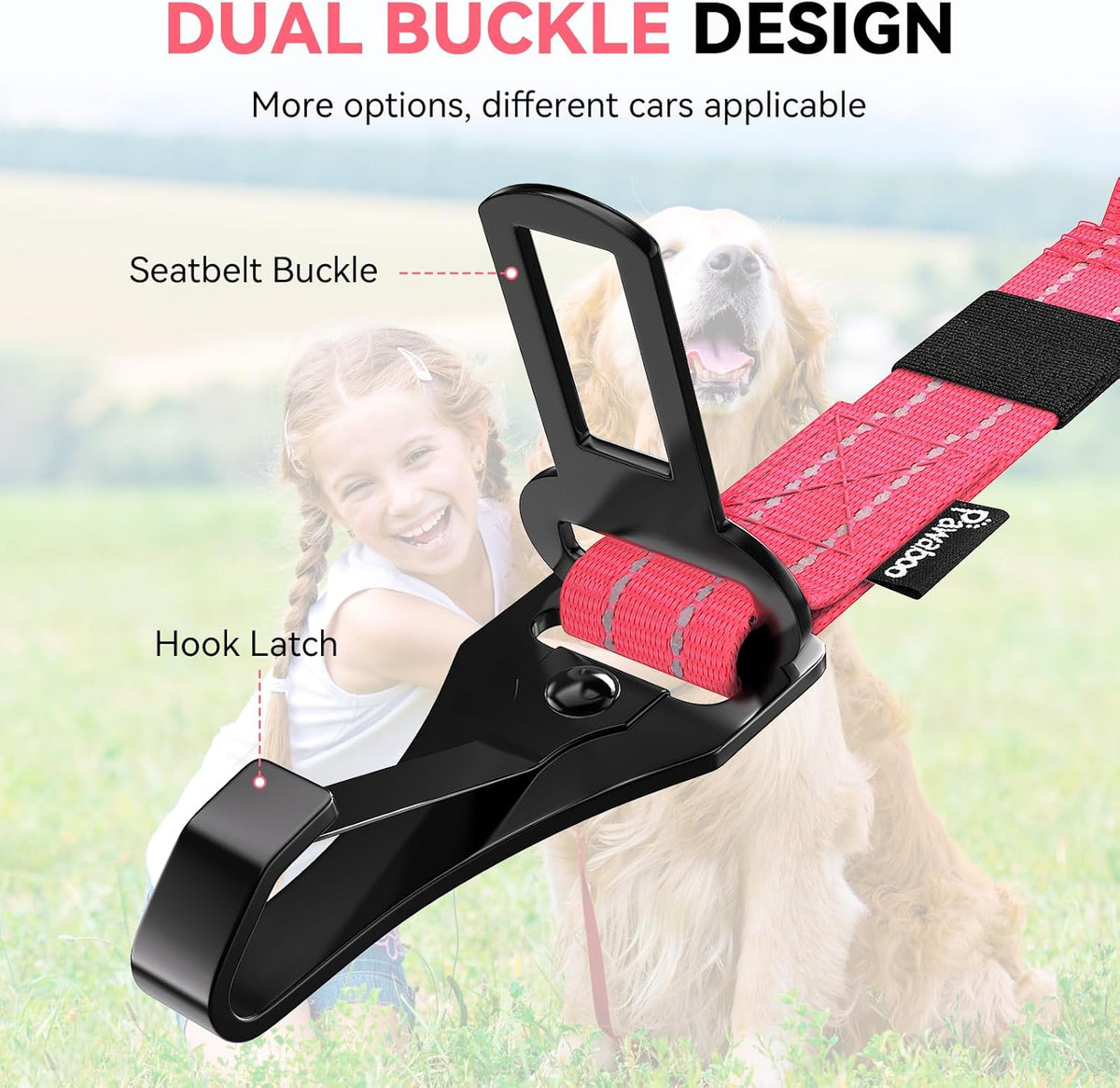 Pawaboo 2Pack Dog Seatbelt for Car, 3-in-1 Dog Car Seat Belt Bungee, Shockproof Dog Tether for Car with Buckle & Hook Latch, Adjustable Reflective Dog Harness Leash with 360° Lockable Buckle, Pink