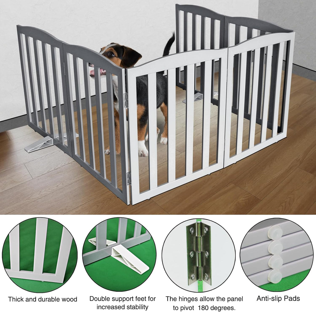 ZJSF Foldable Freestanding Indoor Dog Gate for House Wood Long Pet Gates Dog Fence for Stairs Puppy Gates for Hallways, Puppy Gate,Support Feet Included, Grey, 32 "Height-6 Panels