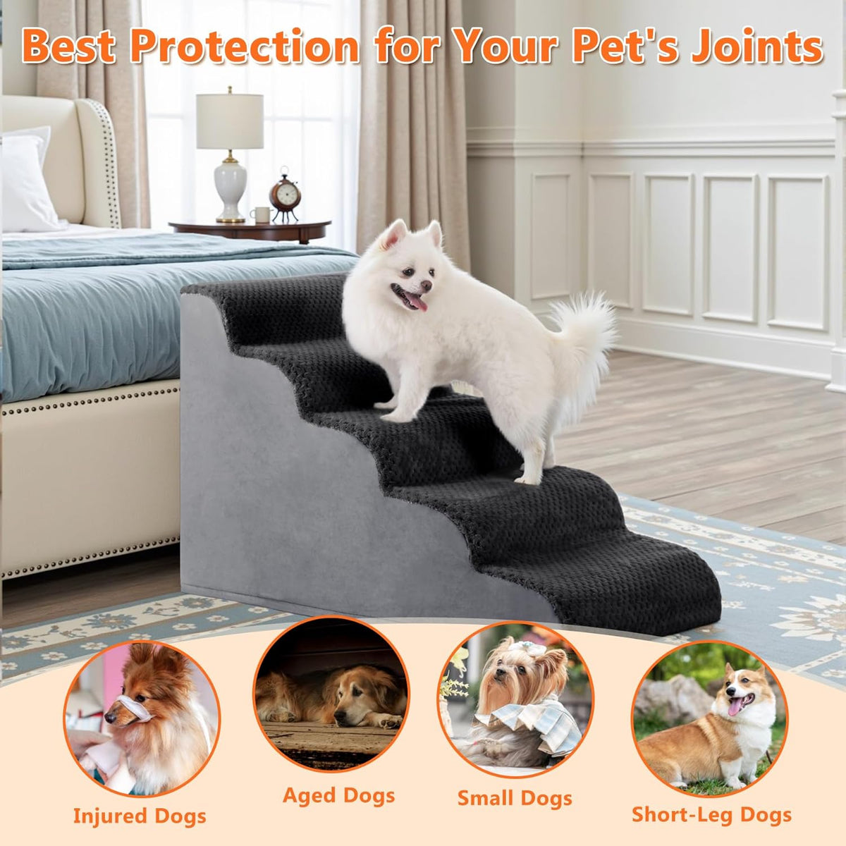 MIHIKK Dog Stairs Ramp, Curved 5-Step Dog Steps for Small Dogs and Cats, Pet Stairs for High Beds and Couch with Anti-Slip Washable Cover and Durable High Density Foam, Dark Grey