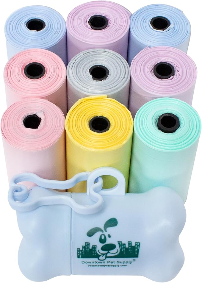 Downtown Pet Supply Unscented Poop Bags for Dogs with Dispenser, 180 Count - Leak-Proof Dog Waste Bags and Bone-Shaped Dog Poop Bags Holder for Leash - Pastel Rainbow, 12.5" x 8.5"