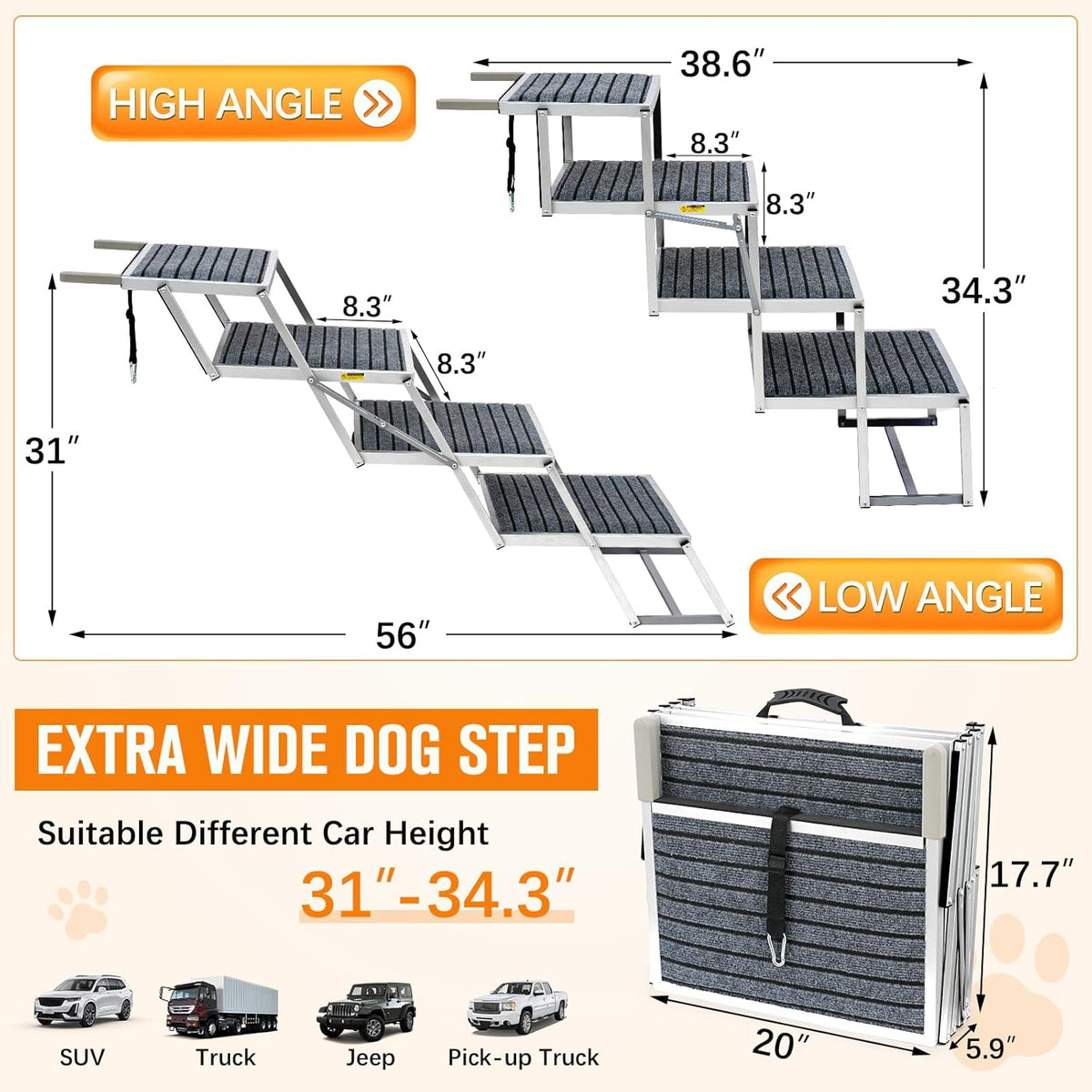20" Extra Wide Dog Ramp, 4-Step Foldable Pet Stairs with Non-Slip Carpet - Lightweight Aluminum for SUV/Truck/Car & High Beds - Supports Large Dogs up to 200Lbs