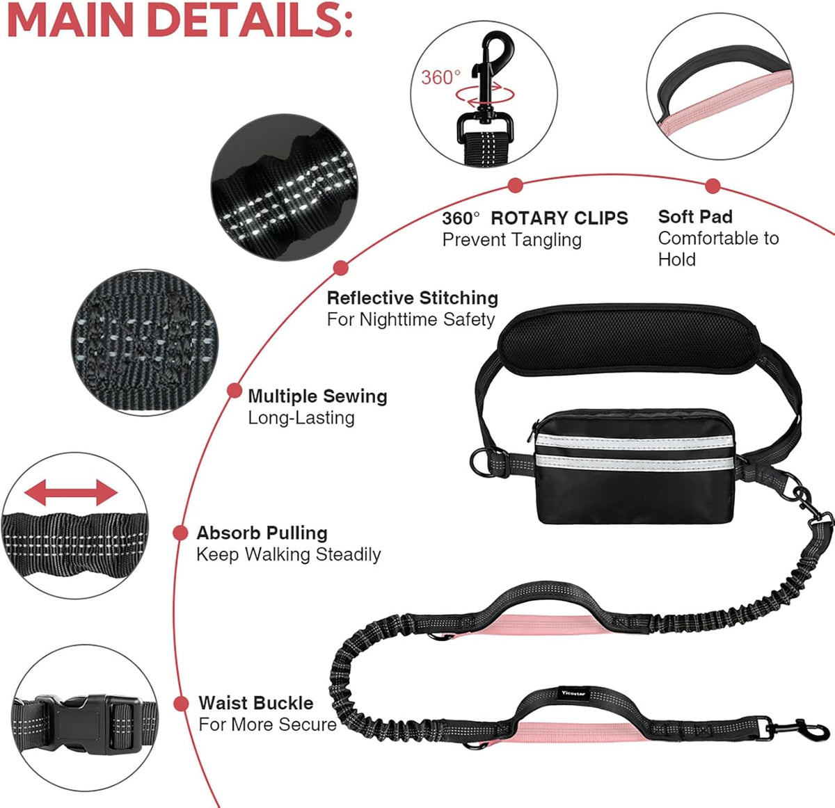 Hands Free Dog Leash, Waist Leash for Dog Walking 2 Dogs, Double Dog Leash for Two Dogs with Padded Handles, Dog Leashes for Medium and Large Dogs, Dog Walking Accessories,Tangle Free,No Pull