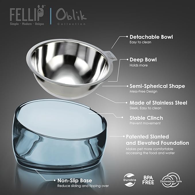 Felli Oblik Raised Dog Food Water Bowls for Small Short-Leg Dogs, Removable Stainless Steel Dish Dishwasher Safe, No Spill Tilted Metal Feeder for French Bulldog, Maine Coon Cats (1.5Cup, Shadow)