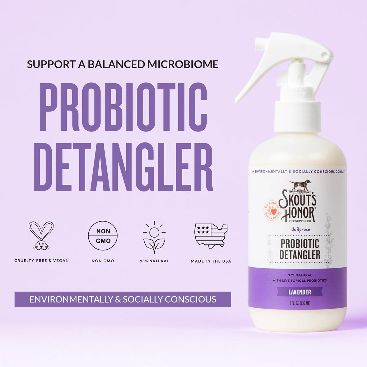 Skout's Honor Pet Detangler Spray - Hydrating & Conditioning with Avocado Oil & Probiotics, 97% Natural, Paraben & Sulfate-Free, softens for a More brushable Coat, Daily Use, 8oz, Lavender, 2-Pack