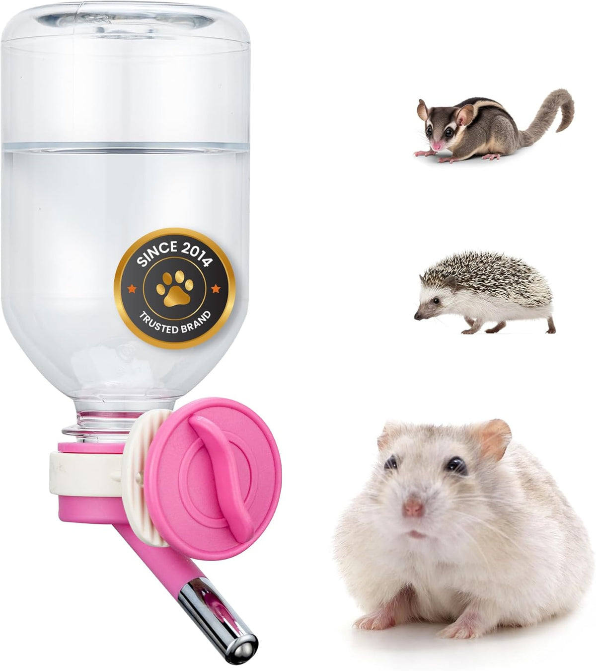 Choco Nose Patented Mini No-Drip Water Bottle/Feeder for Hamsters/Hedgehogs/Gliders/Rats/Mice/Other Small Pets and Animals - for Cages, Crates or Wall Mount. 10.2oz. Nozzle 10mm, Pink (C125)