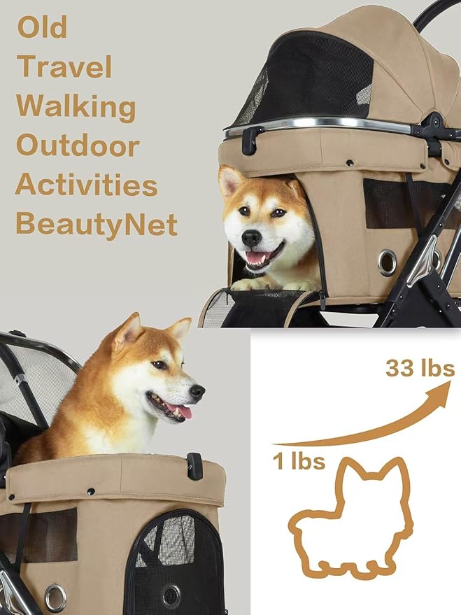 JK Pawadore 4 Wheels Pet Stroller Best Lightweight Foldable Portable Secure Easy Lock NO-Zip 180 ̊ Canopy Sun Shades Waterproof for Small/Medium Dogs 33lbs with Large Storage Basket (Khaki)