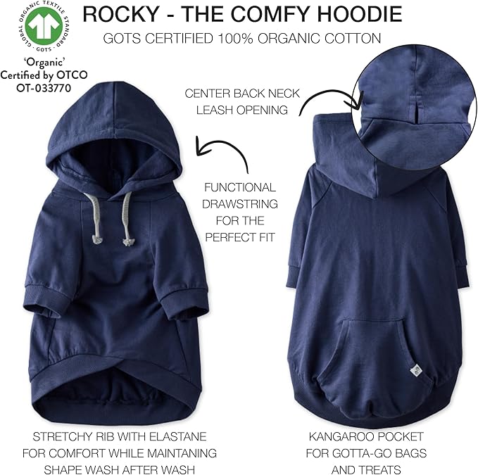 Rocky – The Orginal Lightweight Hooded TEE 100% Organic Cotton Dog Hoodie Pet Coat Sweater for Small, Medium, Large Dogs, Navy, X-Small