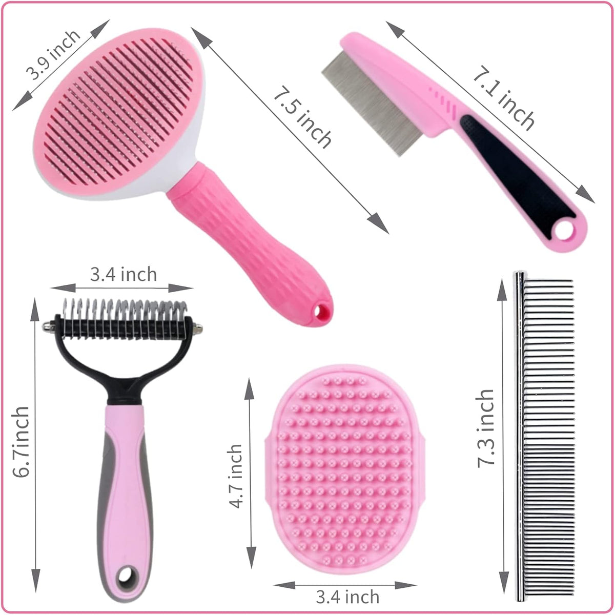 Dog Grooming Kit - Deshedding Brush for Short Hair, Slicker Brush, Flea Comb, Puppy Brush Set in Pink