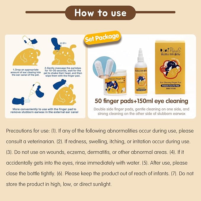 UNIPAWS Pet Ear Drops & Wipes Set for Dogs & Cats – Veterinary-Approved Ear Cleaner & Deodorizer – Reduces Wax Buildup, Relieves Itching & Infection – 5.1 fl oz + 50 PCS Finger Wipes – Made in Korea