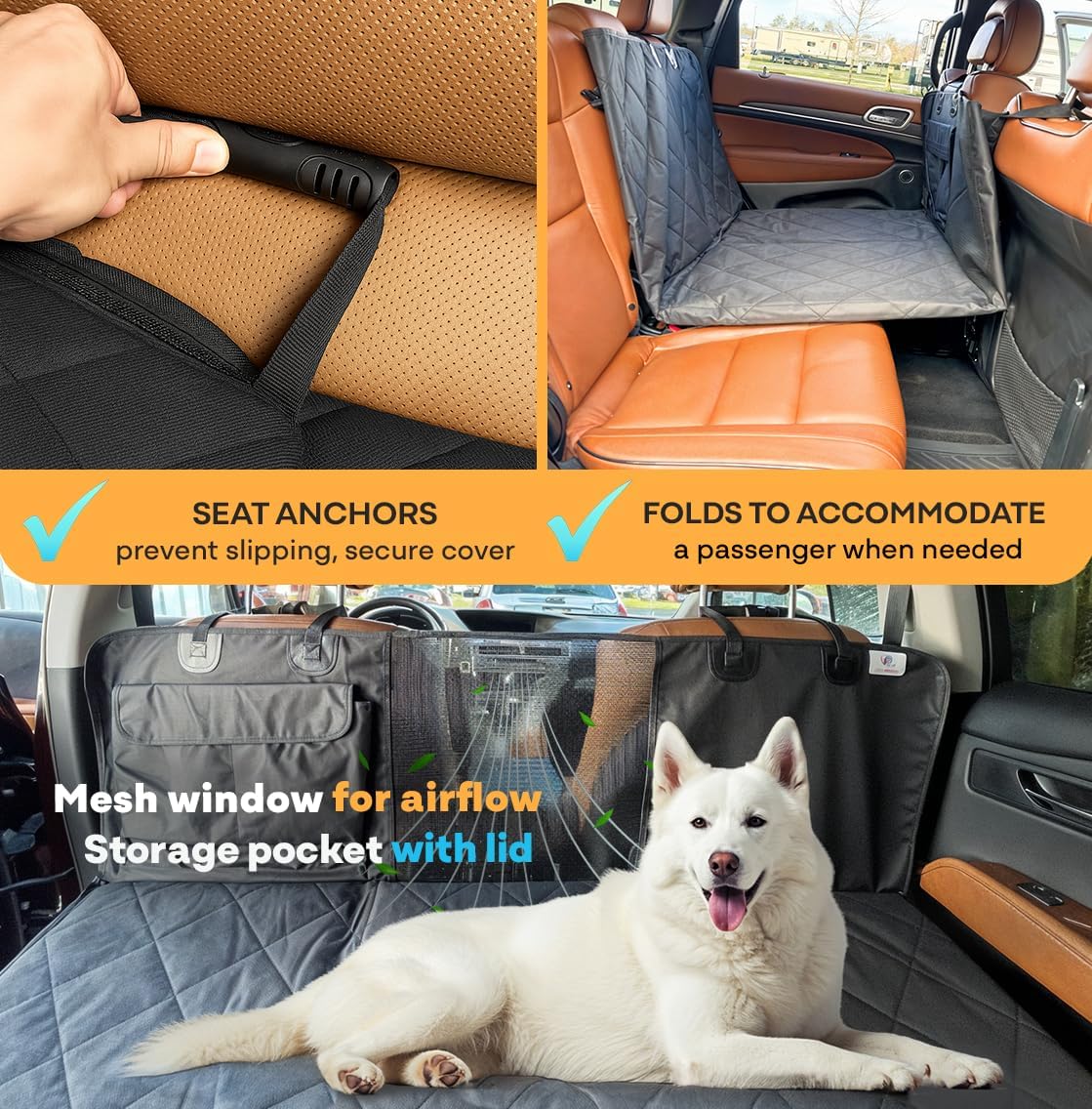 APetsPlanet Dog Car Seat Cover for Back Seat Hard Bottom - Waterproof Backseat Extender for Dogs - Pet Hammock for Car, Truck, SUV - Protector Bed with Mesh Window & Storage - Black, No Door Covers