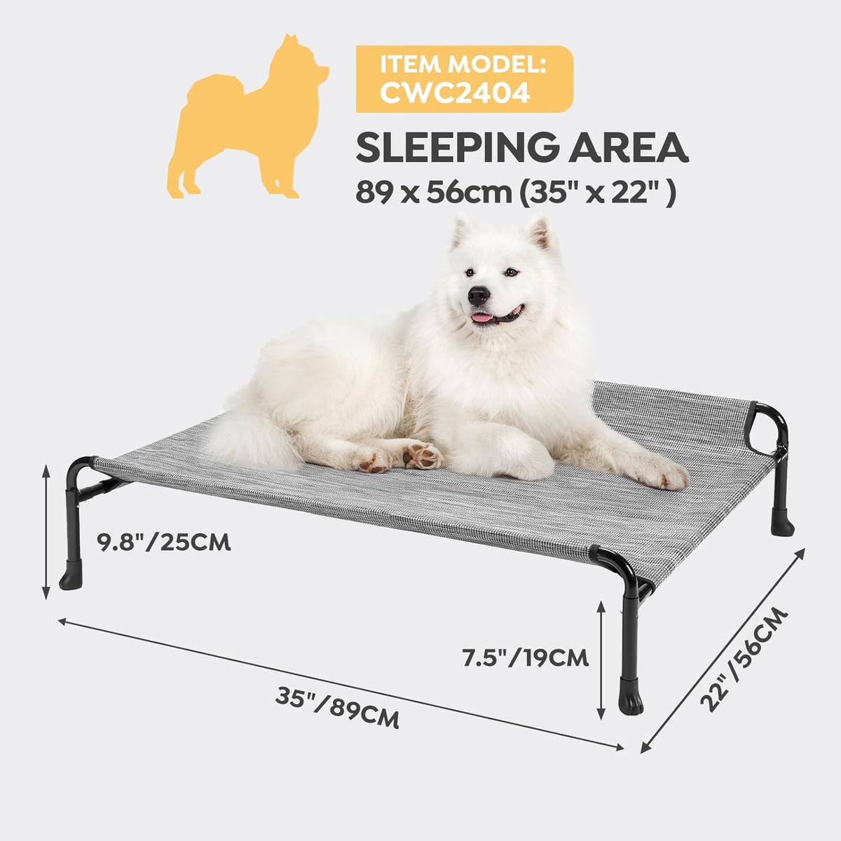 Veehoo Elevated Dog Bed, Cooling Raised Dog Bed with Guardrail & Headrest, Upgraded Non-Slip Silicon Feet, Breathable Teslin Mesh, Portable Pet Cot for Indoor and Outdoor, 35 x 22 Inches, Black Silver
