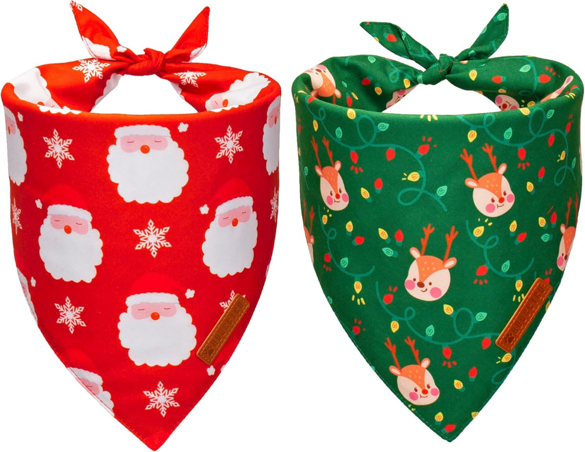 ADOGGYGO Christmas Dog Bandanas 2 Pack, Santa Deer Pattern Pet Xmas Scarf Bib, Premium Durable Fabric, Pet Christmas Bandanas for Large and Extra Large Dogs (X-Large)