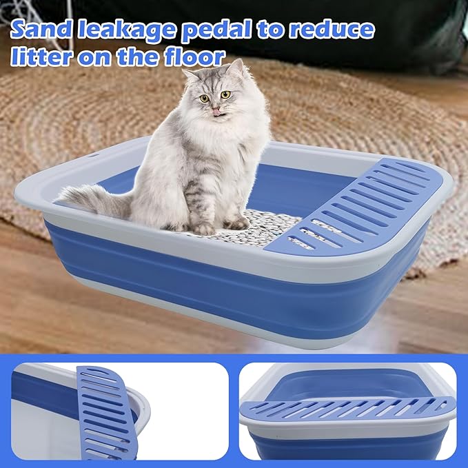 Collapsible Small Cat Litter Box,Open Top Cats Litter Pan with Scoop Foldable Shallow Kitten Potty Toilet Waterproof Cat Travel Litterbox Anti-Splashing Low Entry Semi-Enclosed Easy Clean(Blue)